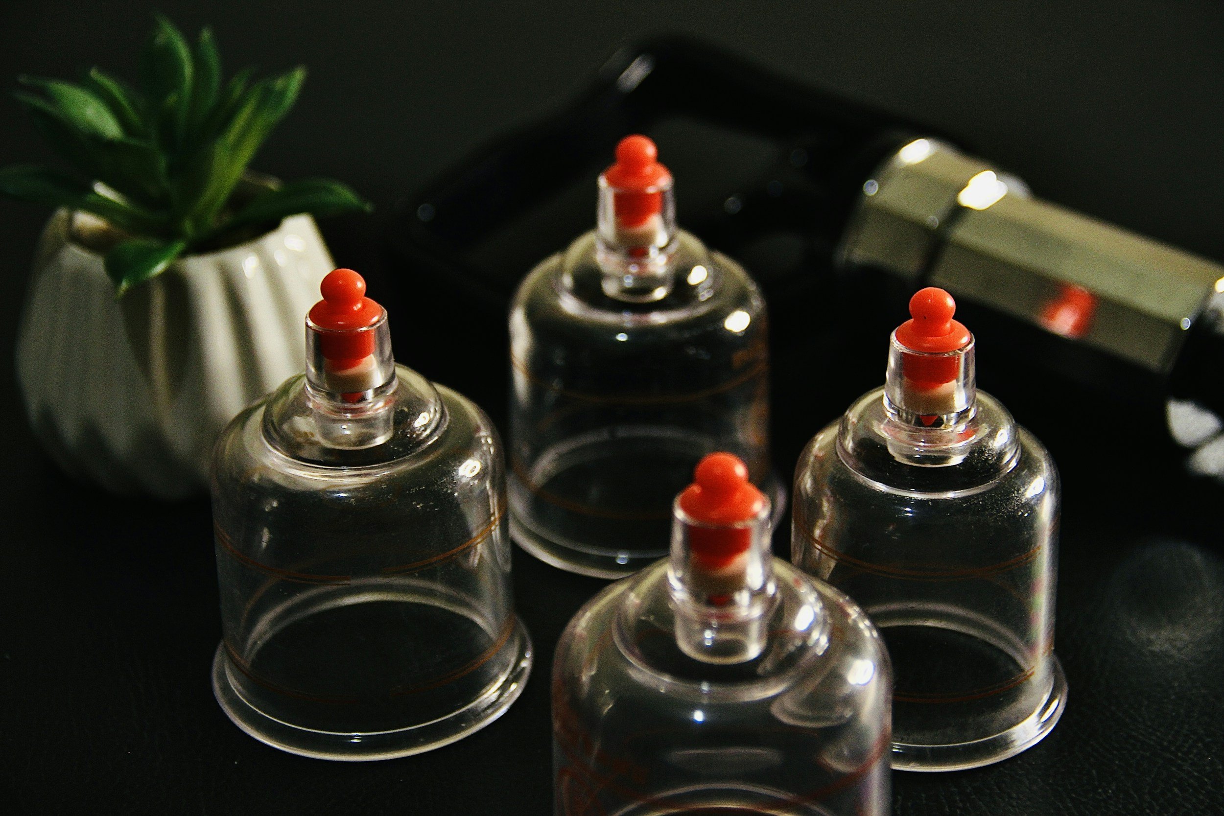 Four empty plastic bottles with red spray tips arranged on a black surface, a small potted succulent plant, and a black rectangular object in the background.