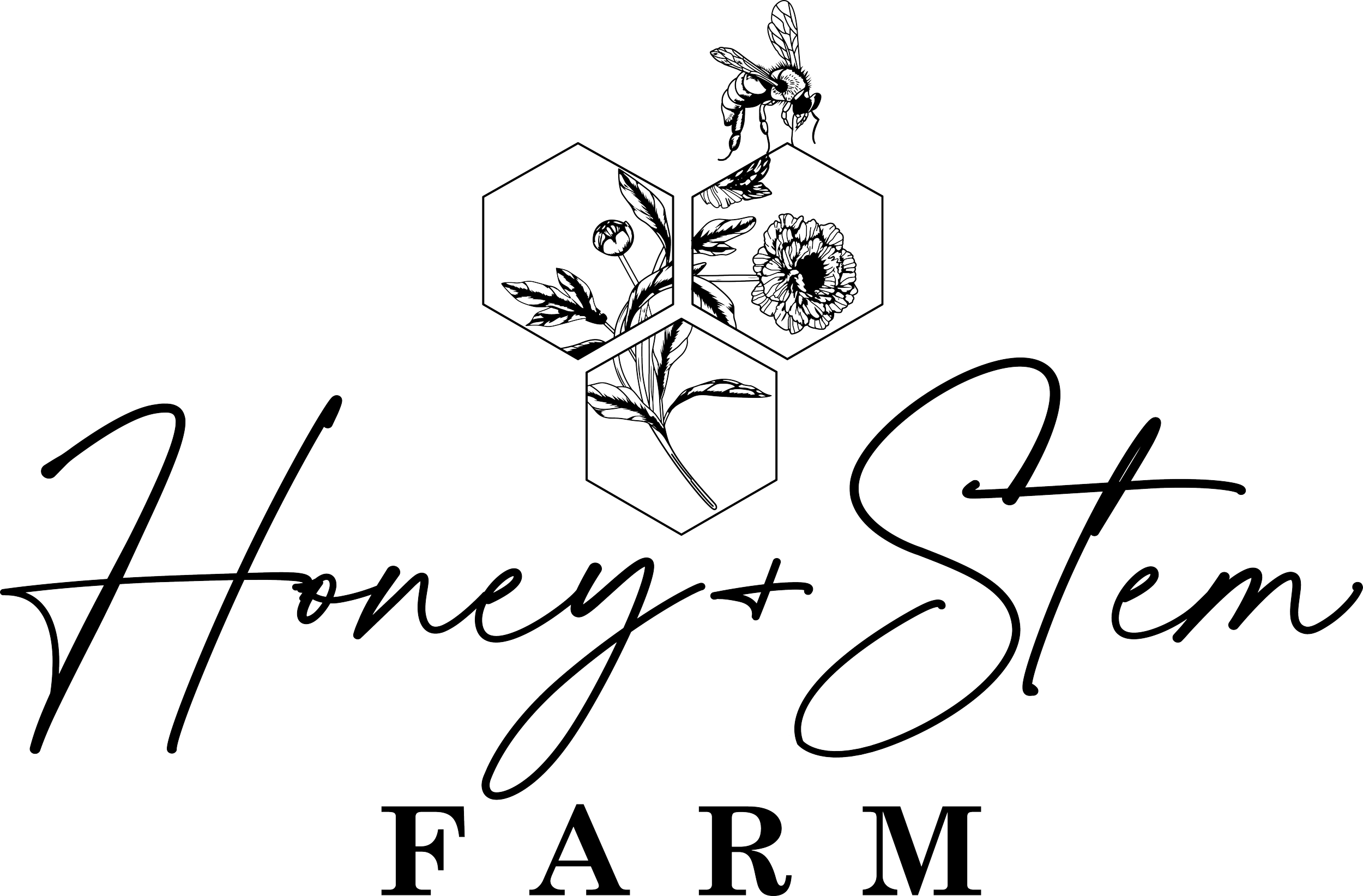 A black background with a white line drawing of a bee, honeycomb shapes with botanical illustrations inside, and the words 'Honey + Stem FARM' in stylish cursive and block fonts.