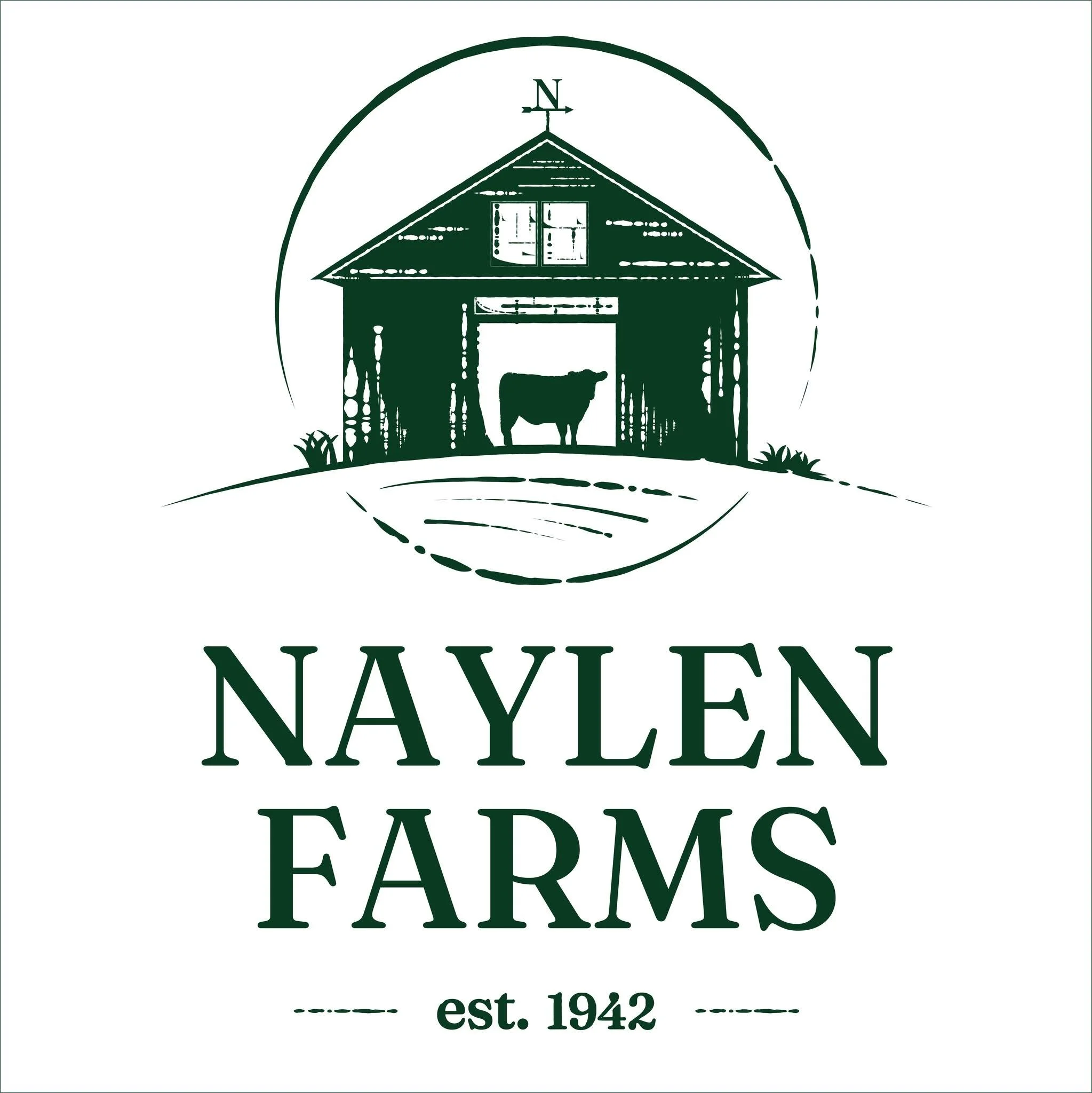 Logo for Naylen Farms featuring a barn with a cow silhouette, the establishment date 1942, and a circular design element.