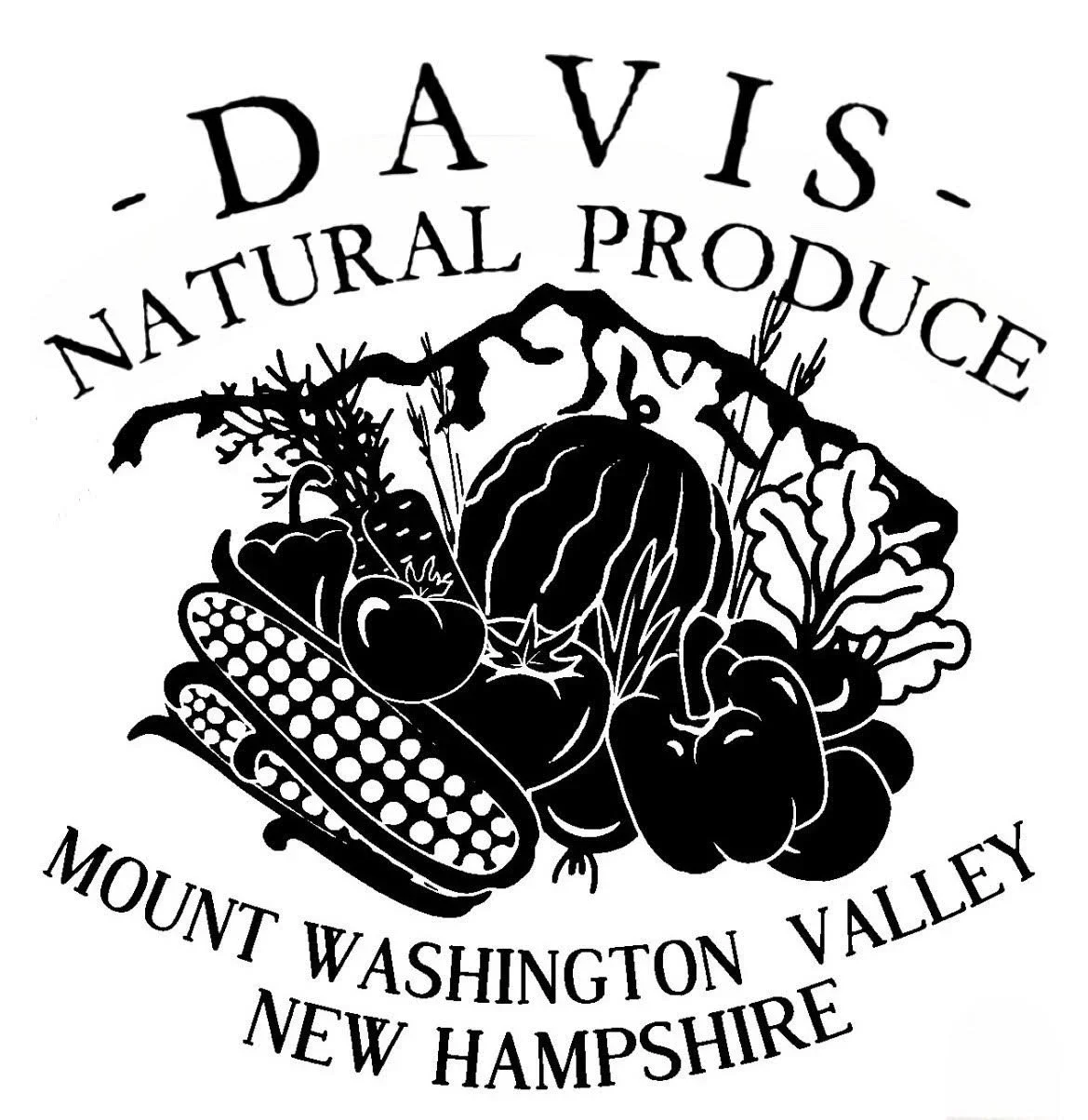 Black and white logo for Davis Natural Produce featuring illustrations of watermelon, tomatoes, corn, and leafy greens, with text indicating Mount Washington Valley, New Hampshire.