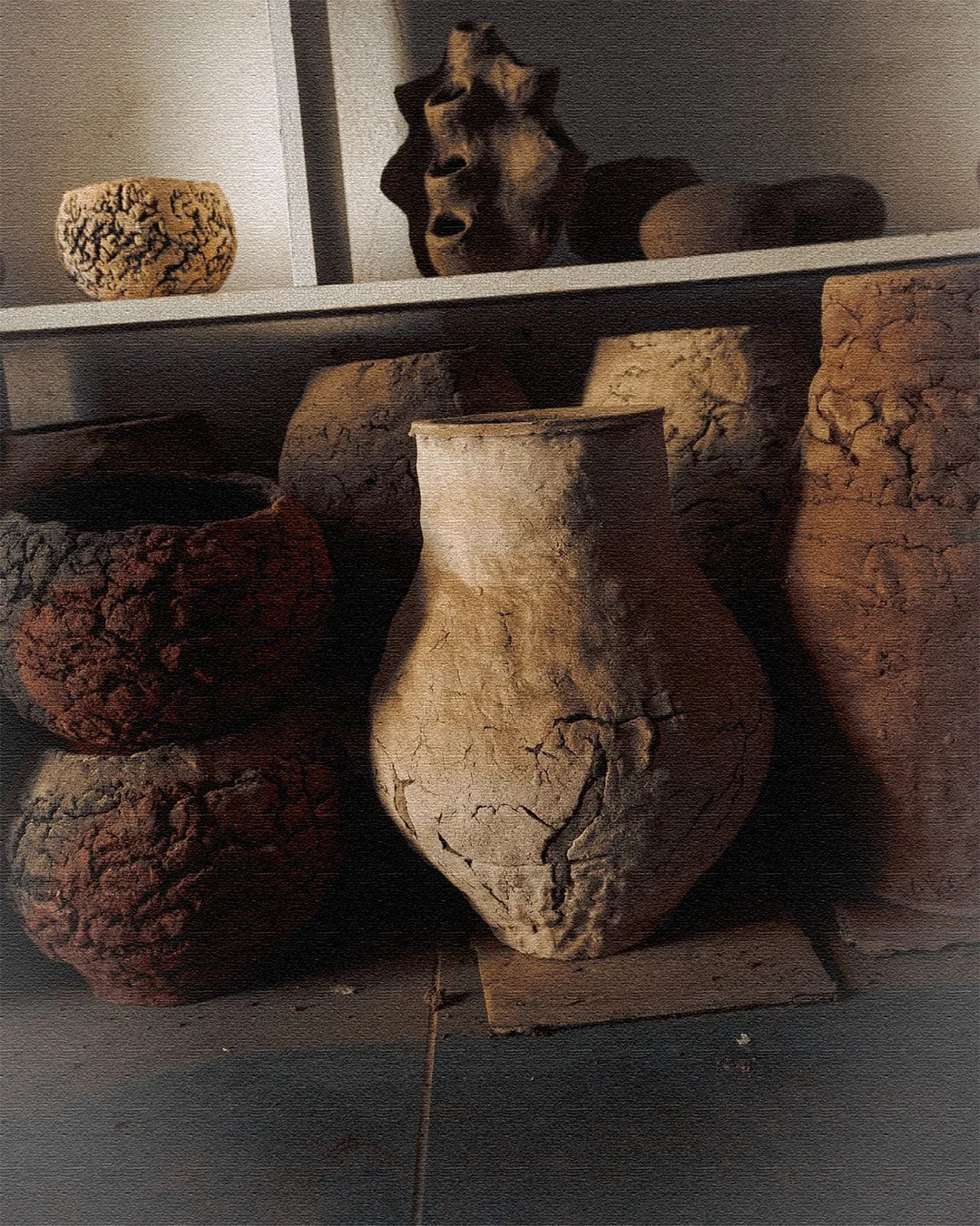 A collection of large, textured pottery vases and objects on a dark surface, with a shelf above holding a decorative bowl and a lion sculpture.
