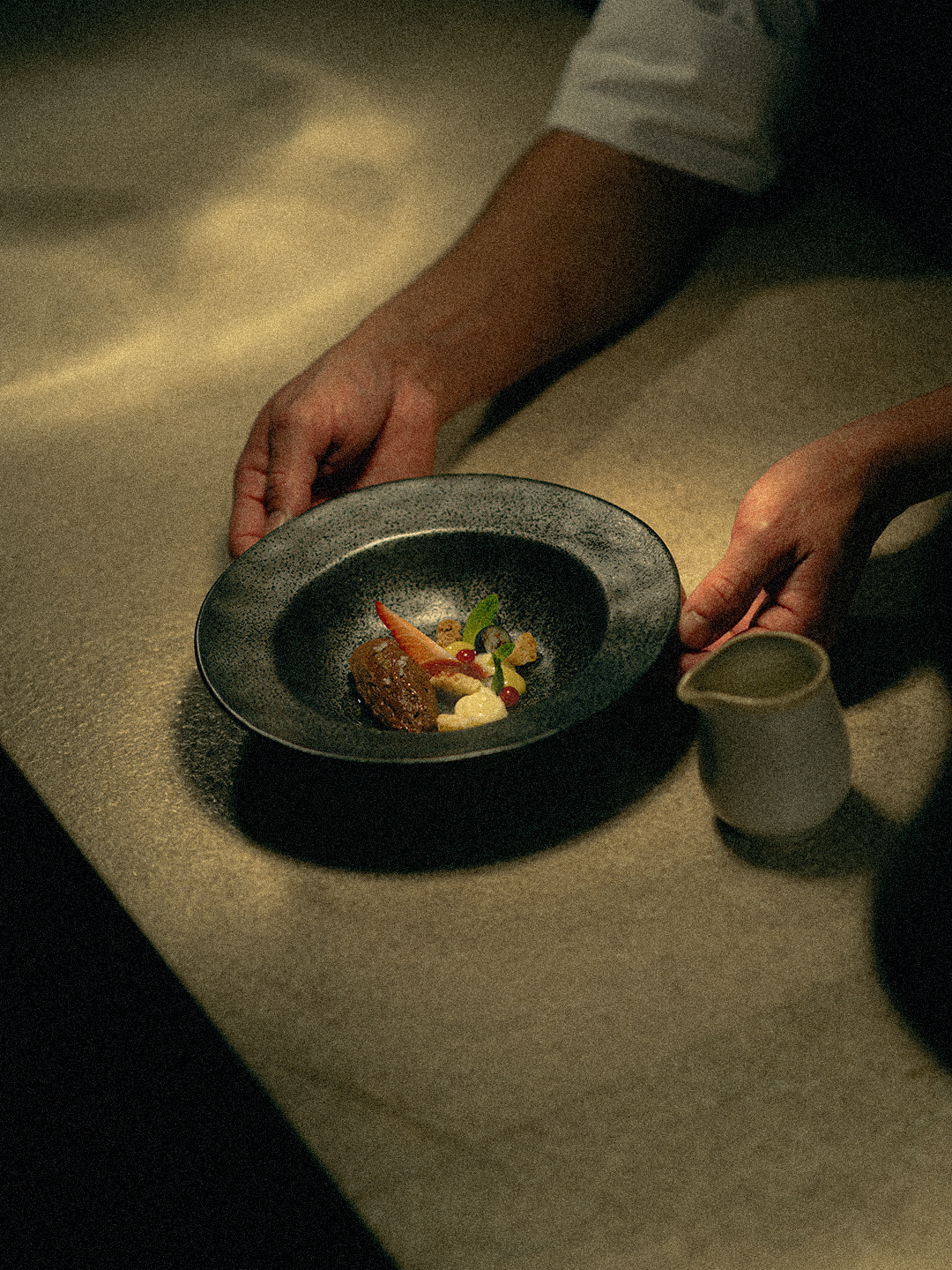 Manos colocando un plato de comida gourmet en una mesa de cocina de chapa metálica.