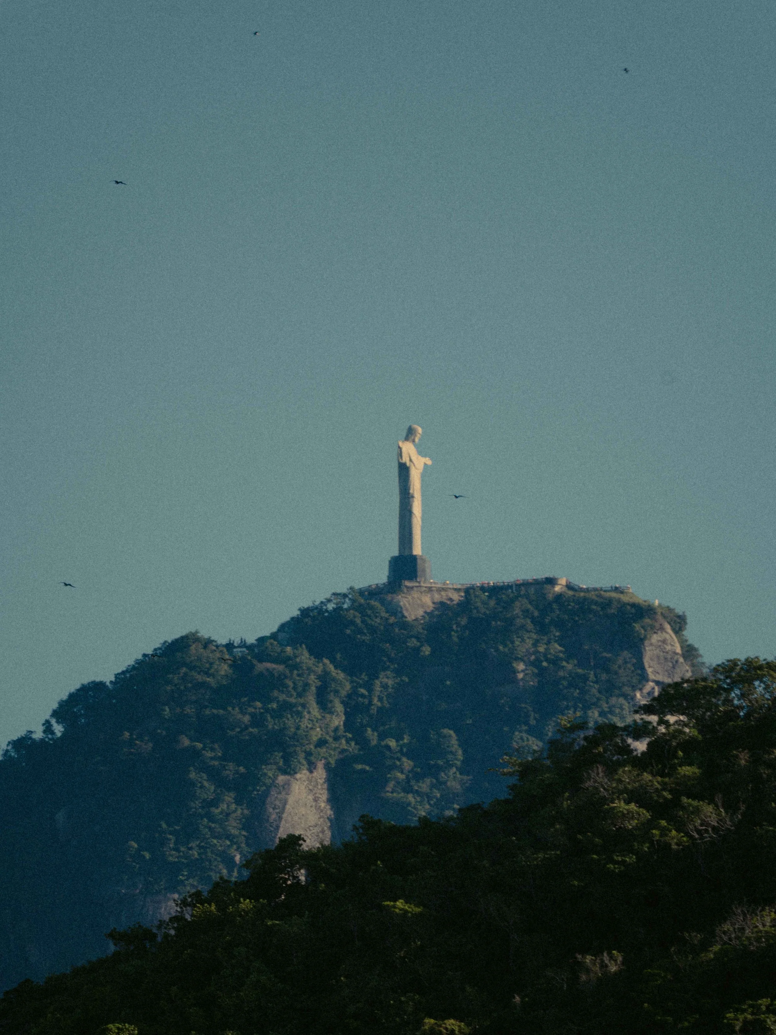 Imagen de una escultura de la Virgen María en la cima de una colina rodeada de árboles, con un cielo despejado y algunas aves volando.