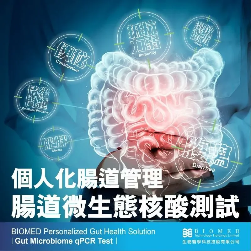 Illustration of the human gut with various health issues like constipation, obesity, immunity problems, allergies, emotional problems, and diarrhea, overlaid with Chinese text and descriptions for a personalized gut health solution from BIOMED.
