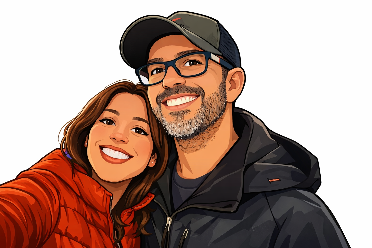 Digital illustration of a smiling man wearing glasses, a gray cap, and a black jacket, with a woman with brown hair and a red jacket, both taking a selfie with a plain white background.