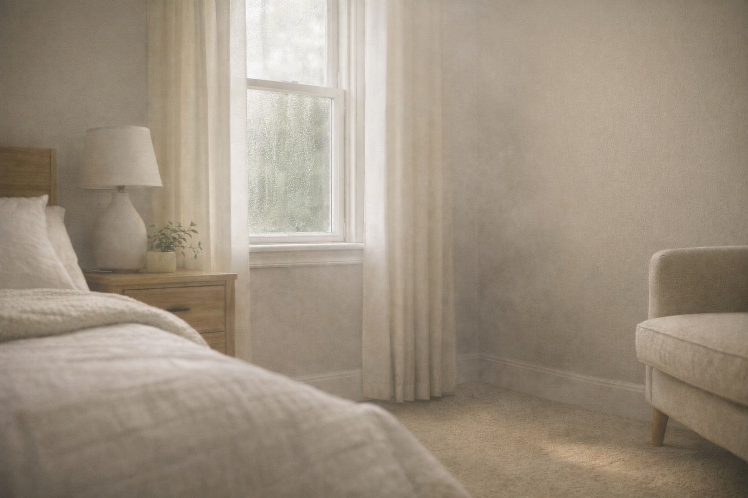 A cozy bedroom with a bed, a nightstand, a lamp, a small plant, and a window with sheer curtains, natural light streaming in, soft neutral tones.