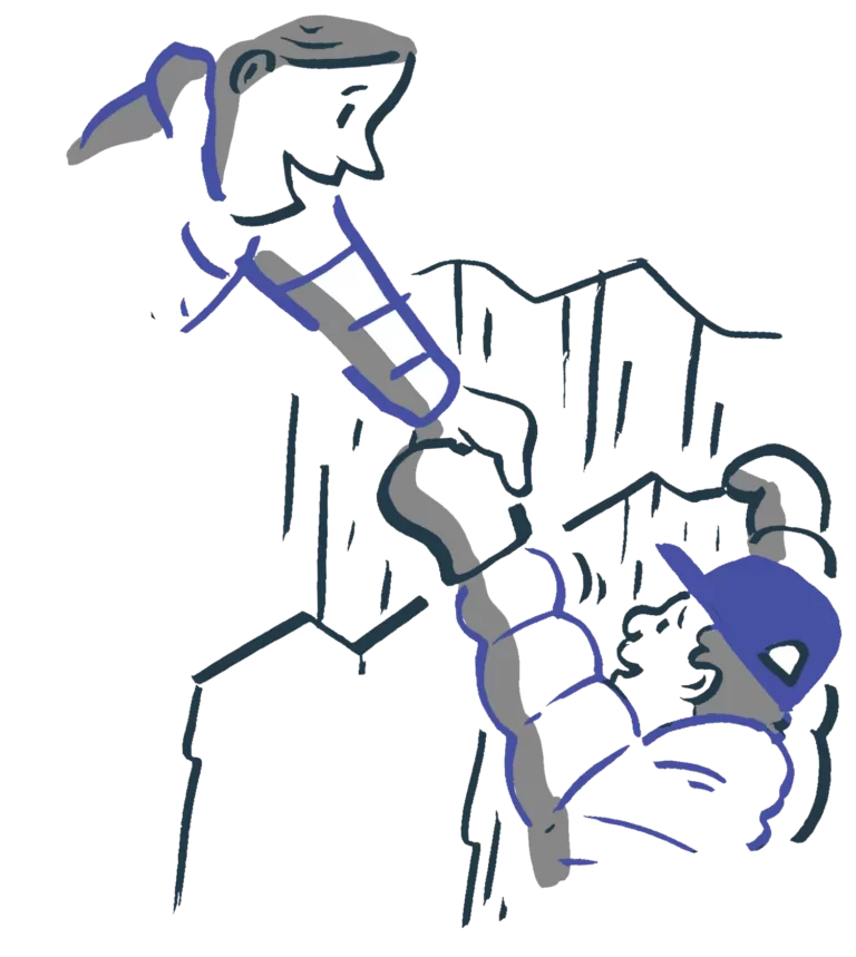 Illustration of a woman pulling a man up a cliff.