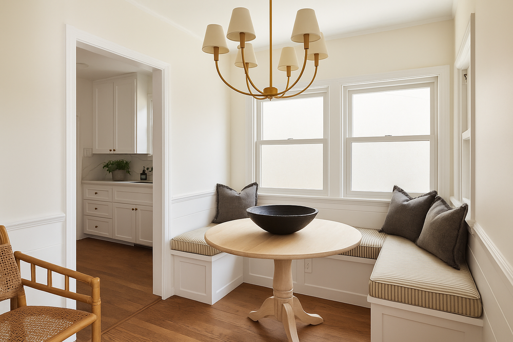 Sunlit corner nook with a round wooden table, a black bowl, striped cushions, and gray pillows, next to large windows in a bright room.