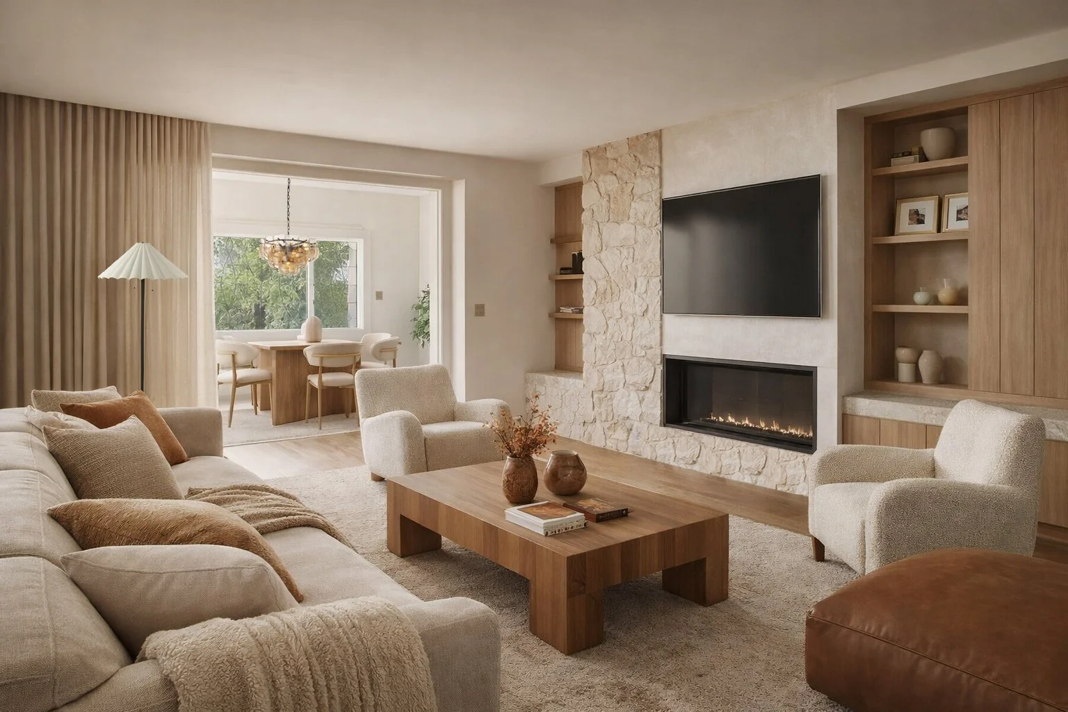 Living room with white sofa, beige chairs, wooden coffee table with vases, stone fireplace, mounted flat-screen TV, built-in wooden shelves, large window, and a dining area in the background.