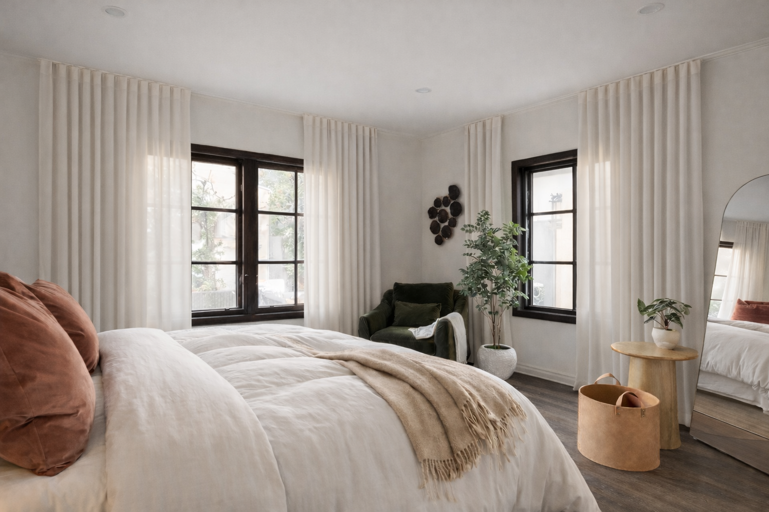 A bedroom with a bed having white bedding and rust-colored pillows, a small side table, a mirror, a potted plant, and windows with white curtains.