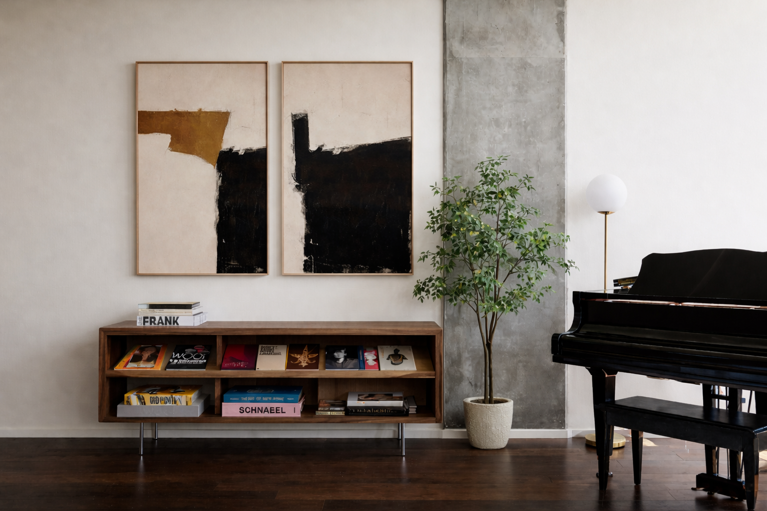 Interior living room with abstract wall art, a wooden bookshelf with vinyl records, a potted plant, a black grand piano, and a floor lamp with a white globe shade.