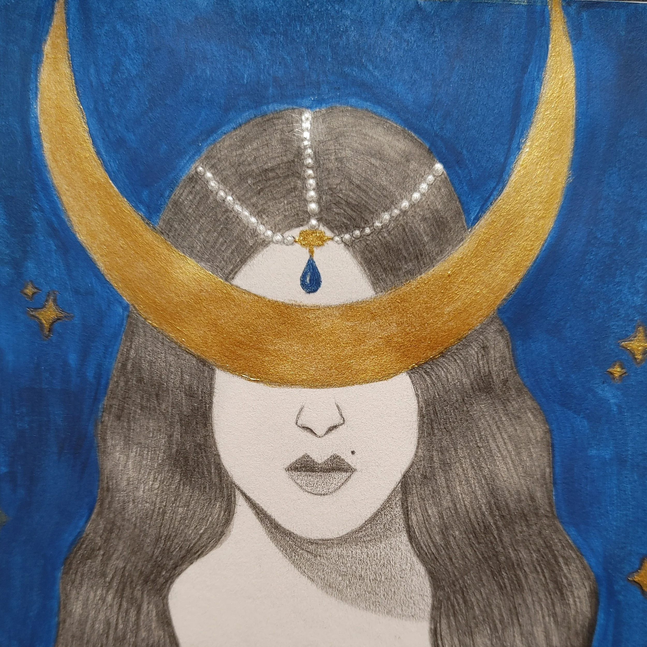 Personal artwork.
Acrylic paint & graphite on paper.
Fantasy artwork depicting the priestess of a moon goddess.