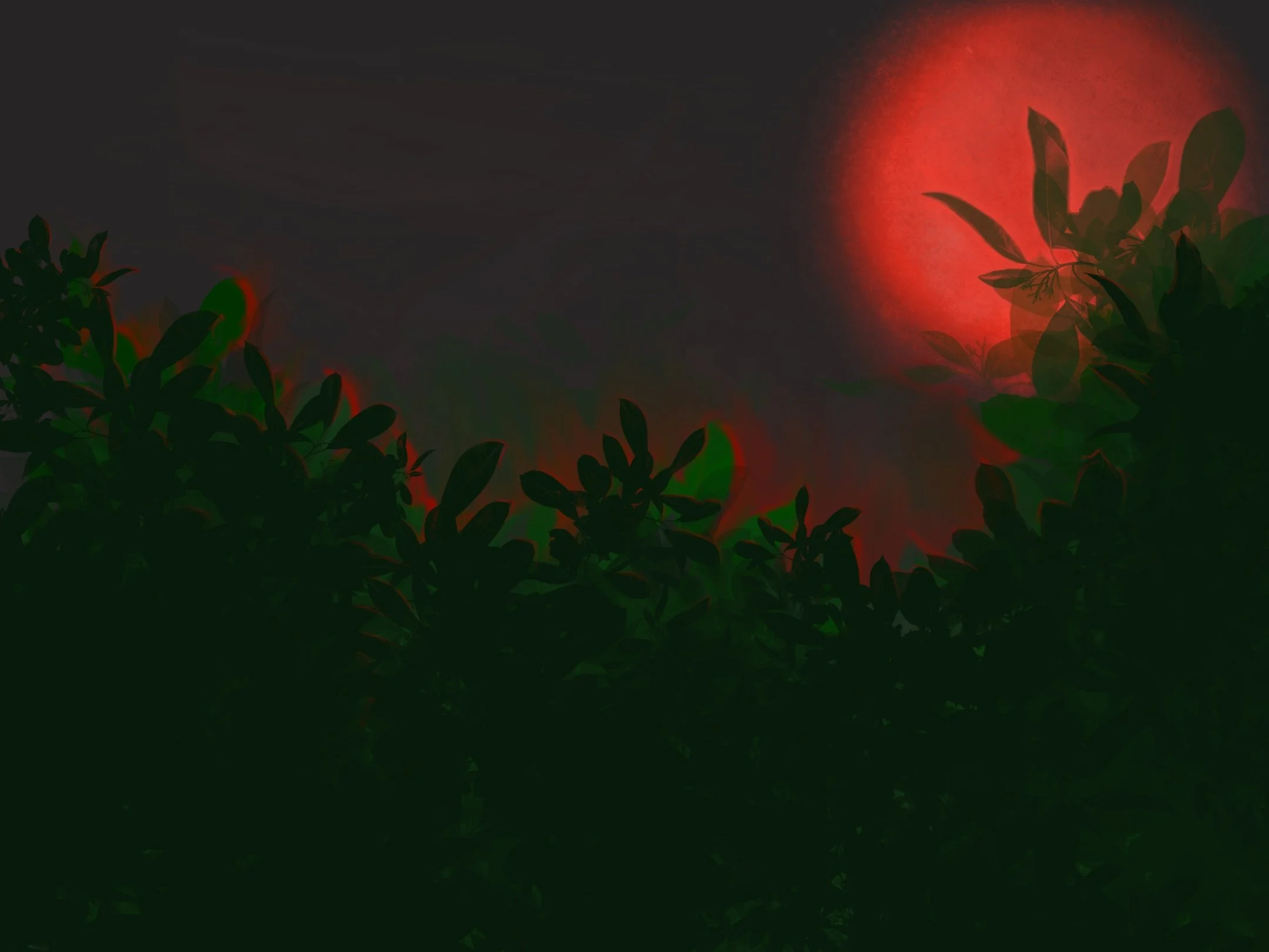 Digital artwork made with Procreate on a 9th generation iPad.
Artwork depicting a red moon hanging low in the night sky, behind foliage. The upper edge of the leaves are tinted red from the moonlight.