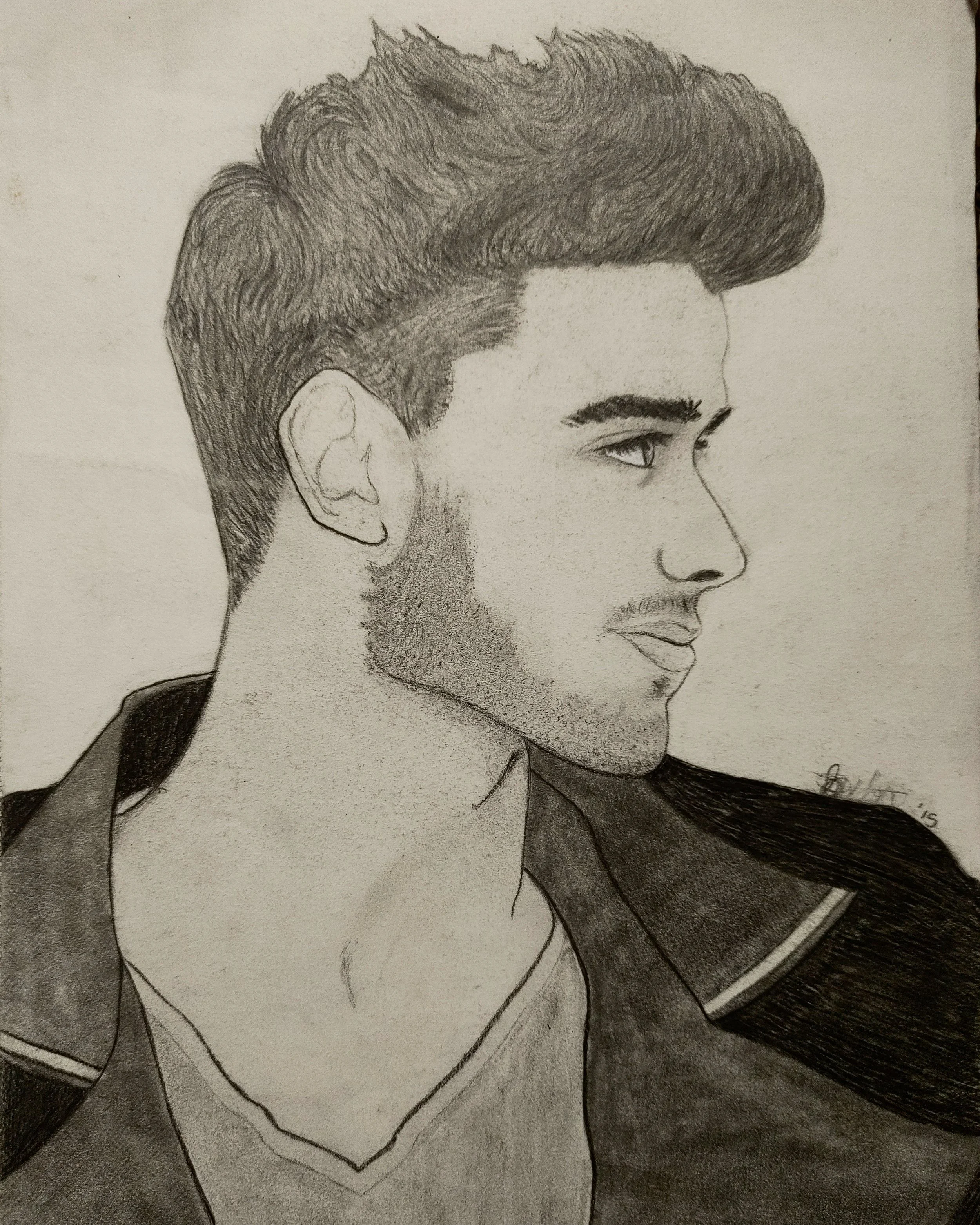 Personal artwork.
Graphite pencil on paper.
Artwork depicts the side profile of a man in a t-shirt and jacket with facial hair and Van Gogh-inspired hair.