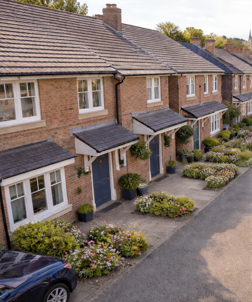 A row of brick townhouses with blue doors, flower pots, and landscaped flower beds in front of each home, in a suburban neighborhood.