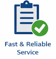 Icon of a clipboard with a checkmark, accompanied by the text 'Fast & Reliable Service'
