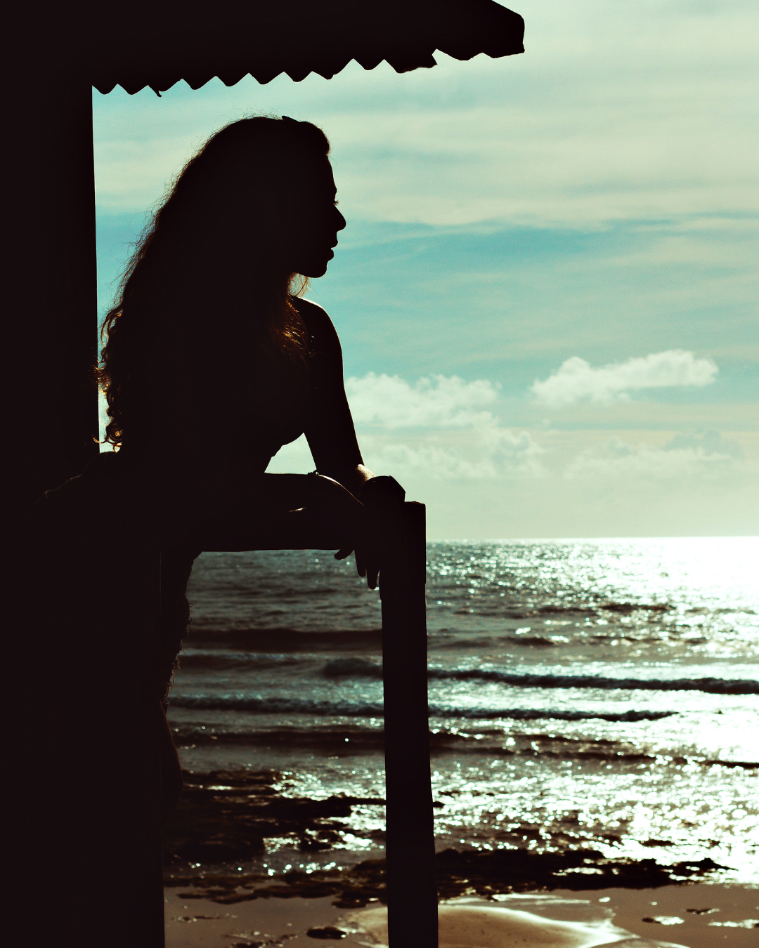 Silhouette of a woman standing on a beach at sunset, gazing towards the ocean.