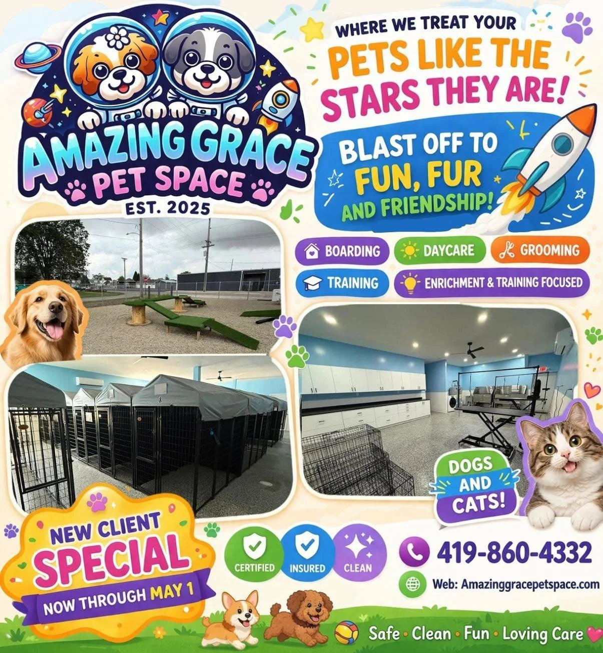 At Amazing Grace Pet Space, we&rsquo;re proud to be:
🏆 Rated Top 100 in Ohio &amp; Best of Auglaize County 
🐶 Offering boarding, daycare, grooming, and training
🐶 Enrichment &amp; training focused
🐶 Currently have OPEN availability

🎉Limited-Tim