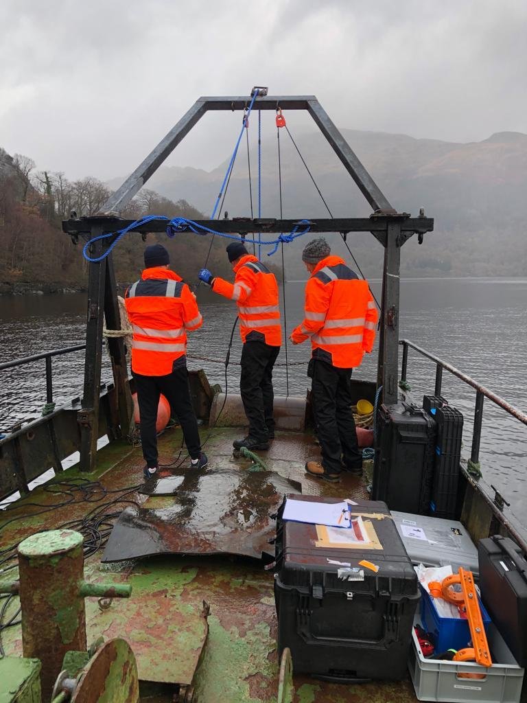 Three men on a work boat, Loch Lomond