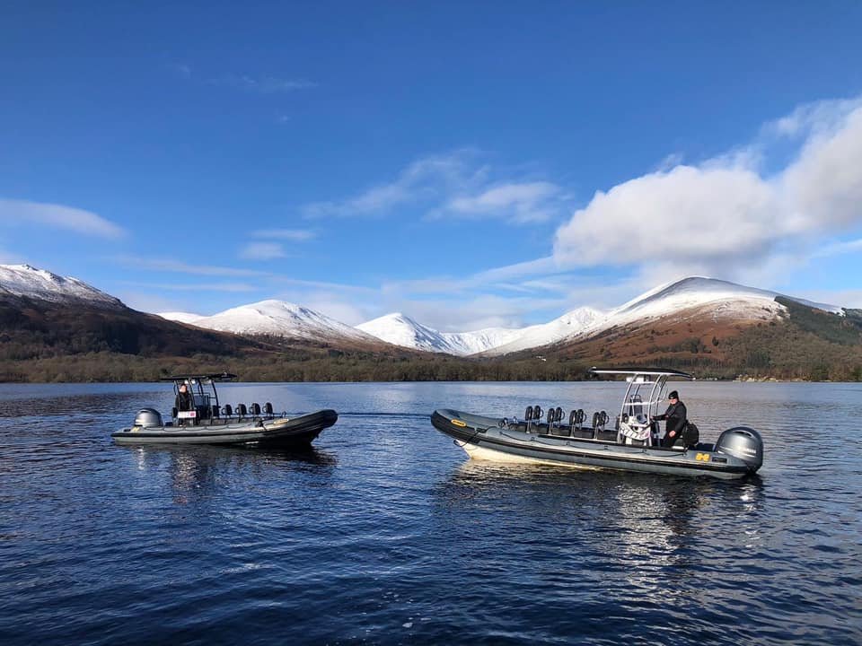 Humber RIB Speedboat with Snowy Mountains in background, Loch Lomond