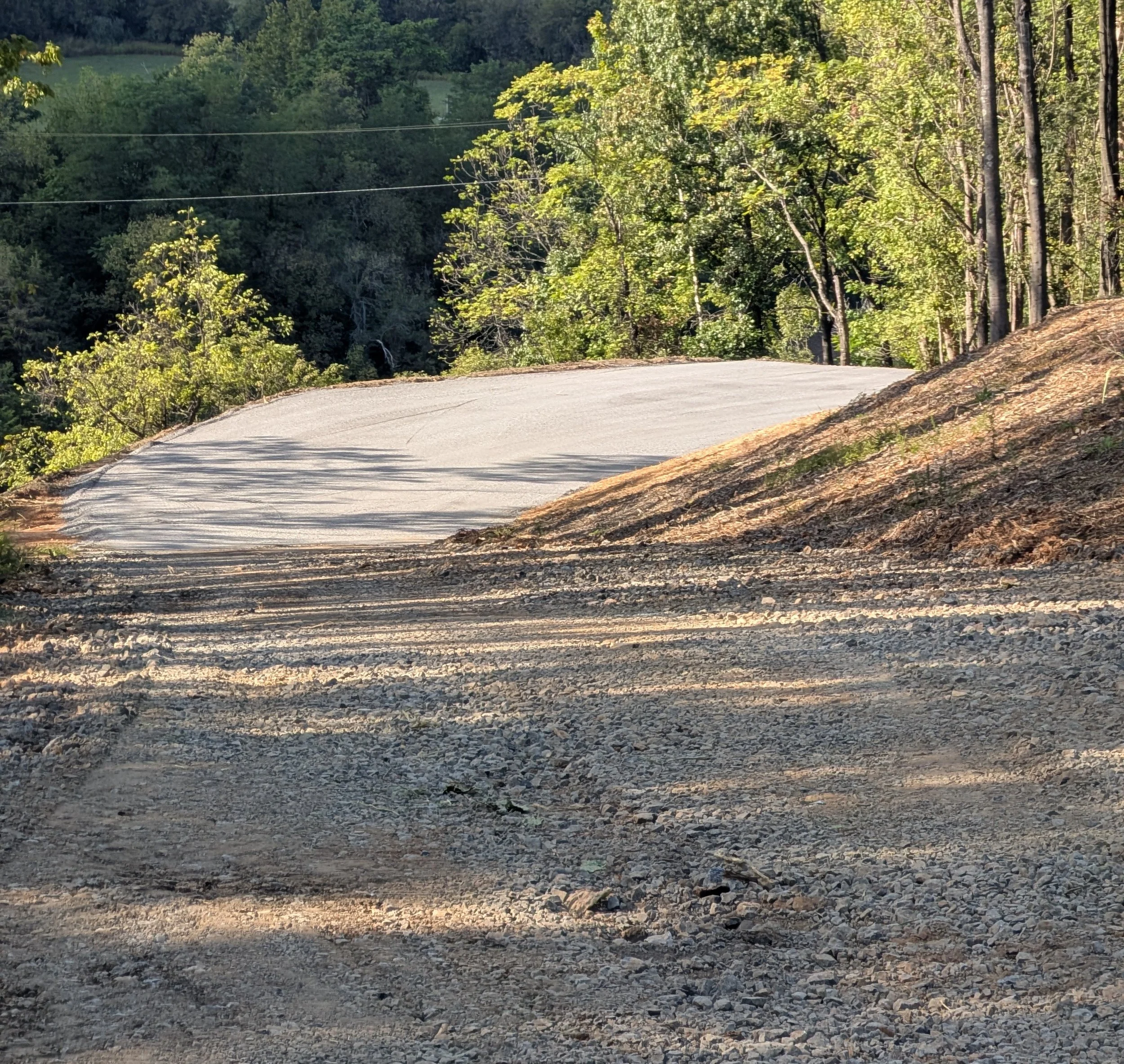 A winding, partially paved dirt road through a wooded area with trees and greenery on both sides.