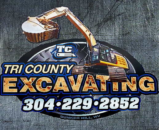 Logo for Tri County Excavating featuring a construction excavator over a dark background with contact number 304-229-2852.