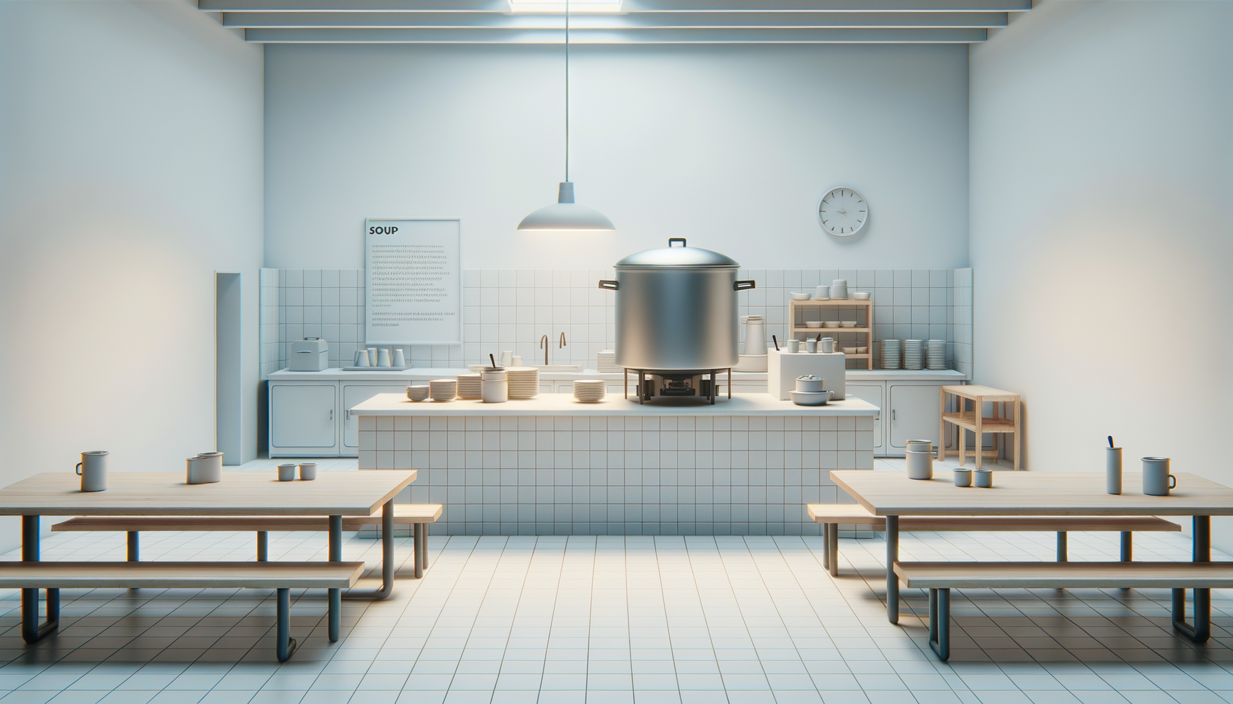 A minimalist kitchen with white tiles, two wooden tables with benches, and a large industrial rice cooker on the counter, set in a bright room with a clock on the wall.