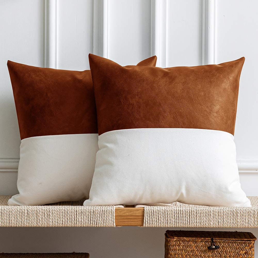 Half Linen Half Faux Leather Throw Pillow