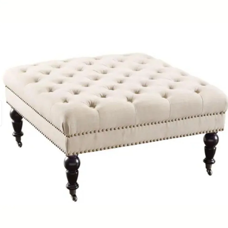 Beaded Cream Square Tufted Ottoman