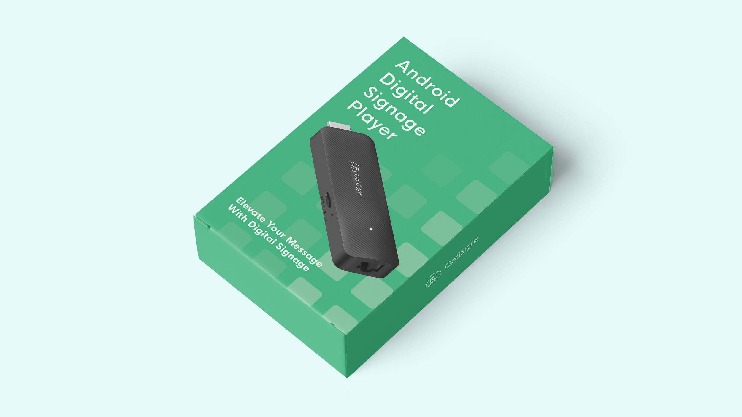 A box with the final packaging design showing the front, bottom and side panels.