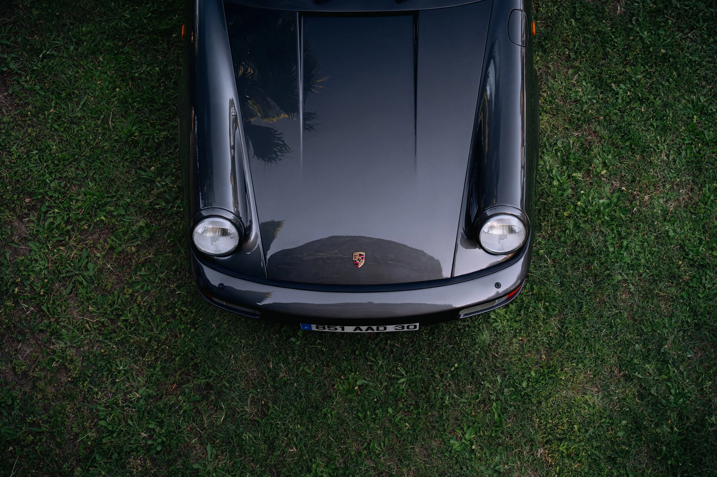 Top-down view of a black Porsche sports car parked on green grass, reflecting trees and sky on its hood.