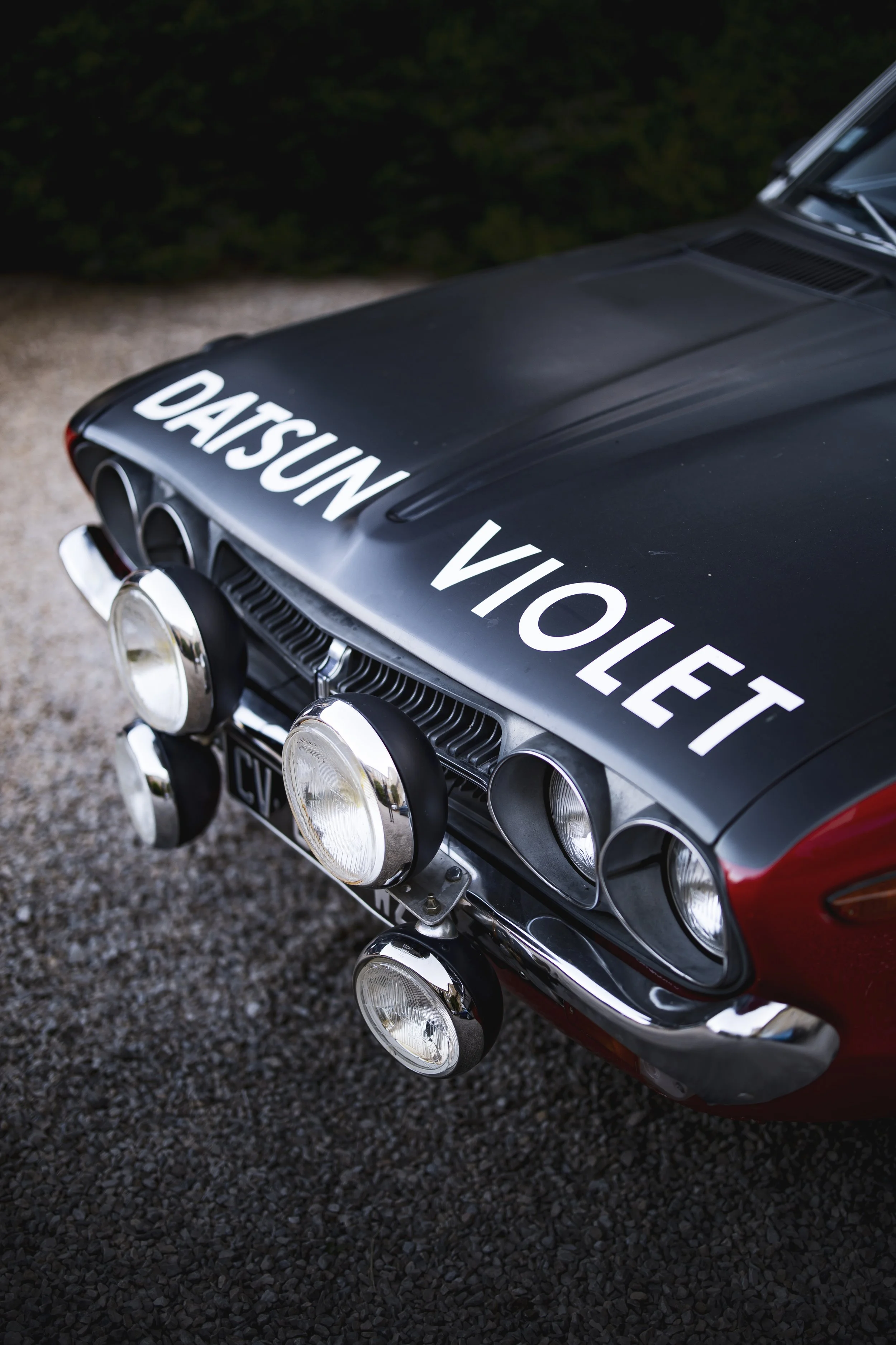 Close-up of the front of a black vintage rally car with the words 'DATSUN VIOLET' written on the hood, featuring multiple round auxiliary lights.