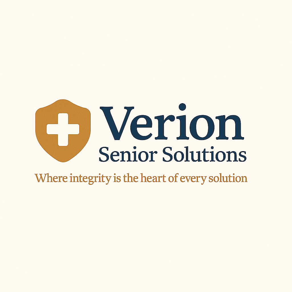 Verion Senior Solutions logo with a shield and cross icon and the tagline "Where integrity is the heart of every solution"
