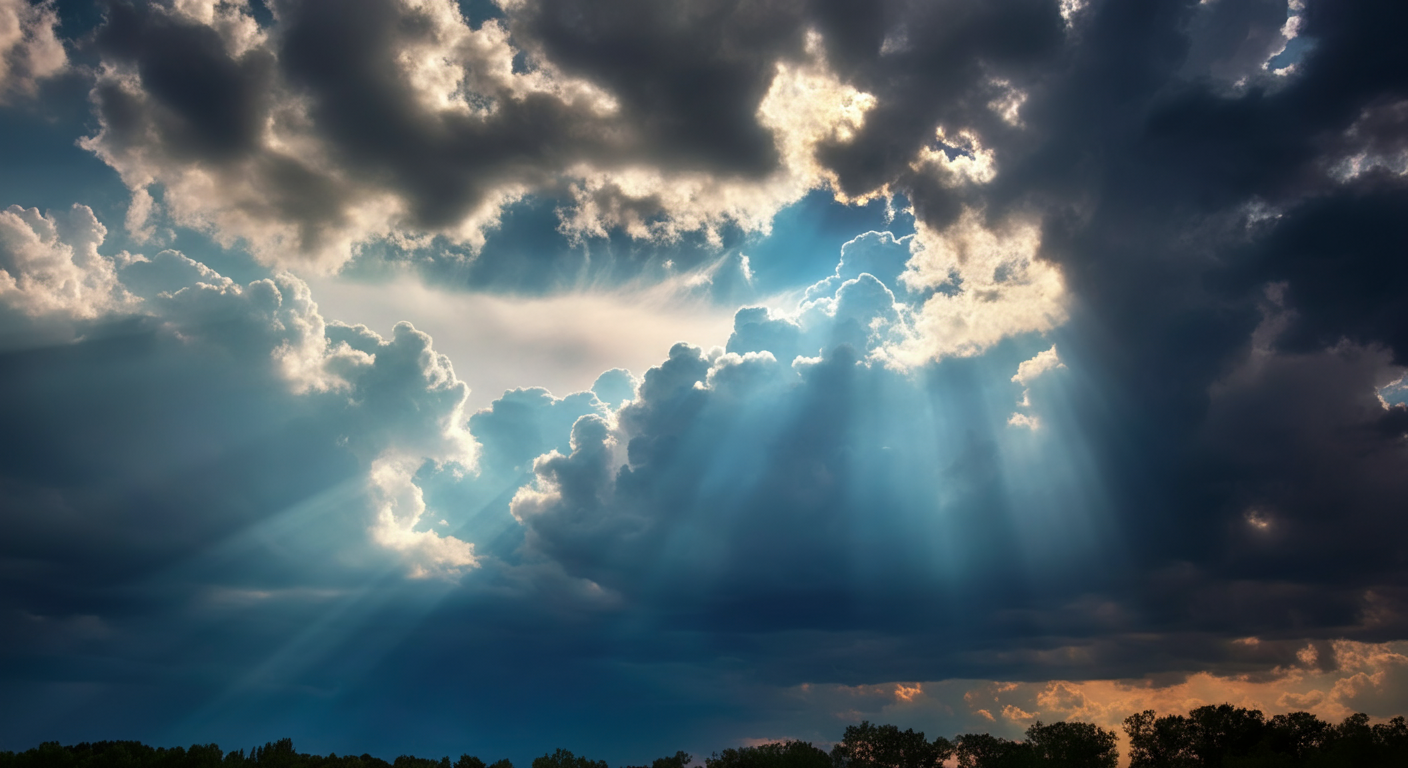 Sunlight rays shine through dark clouds over a treeline at sunset.