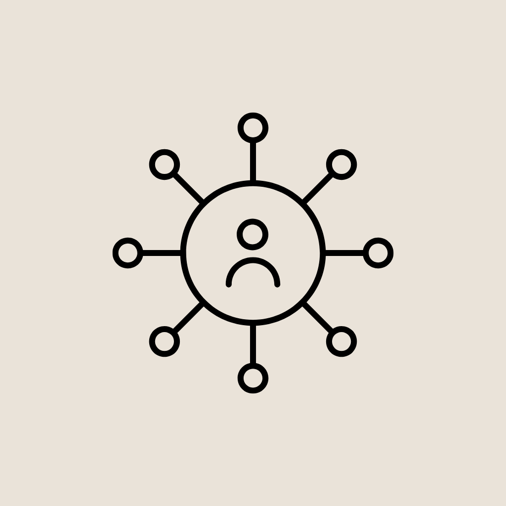 A diagram of connection from a central icon connected by lines to multiple surrounding circles, representing spreading or impact.