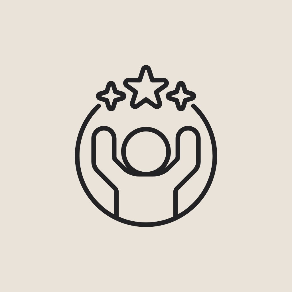 Line drawing of a person raising their hands with stars above their head, symbolizing achievement or success.