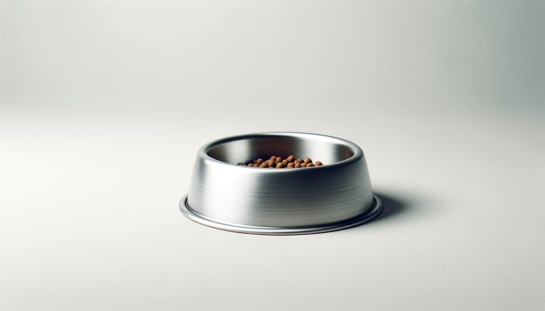 A stainless steel pet food bowl filled with dry kibble on a light gray surface.