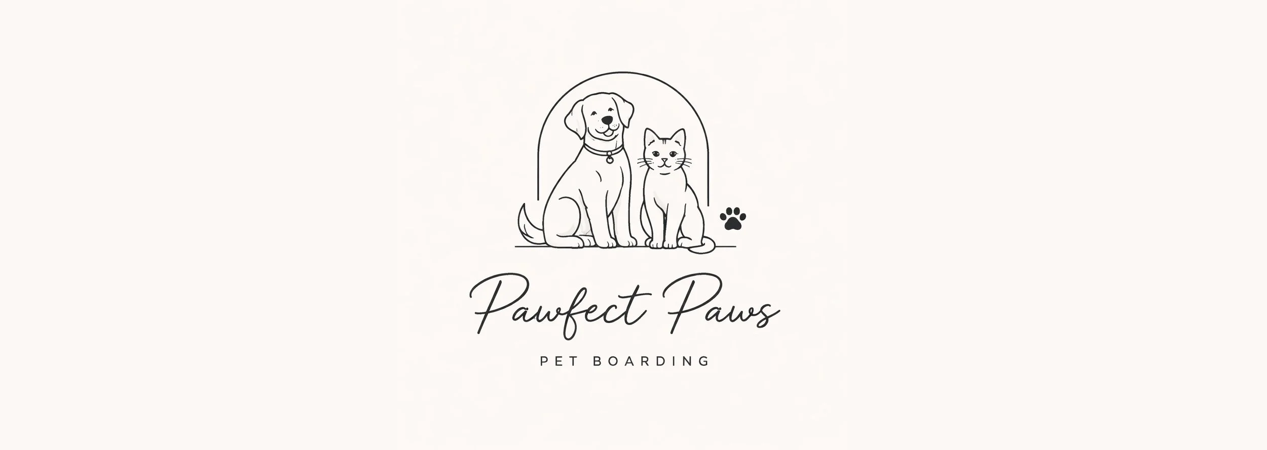 Logo for Pawfect Paws pet boarding featuring a line drawing of a dog and a cat sitting side by side with a paw print, and the text 'Pawfect Paws Pet Boarding'.