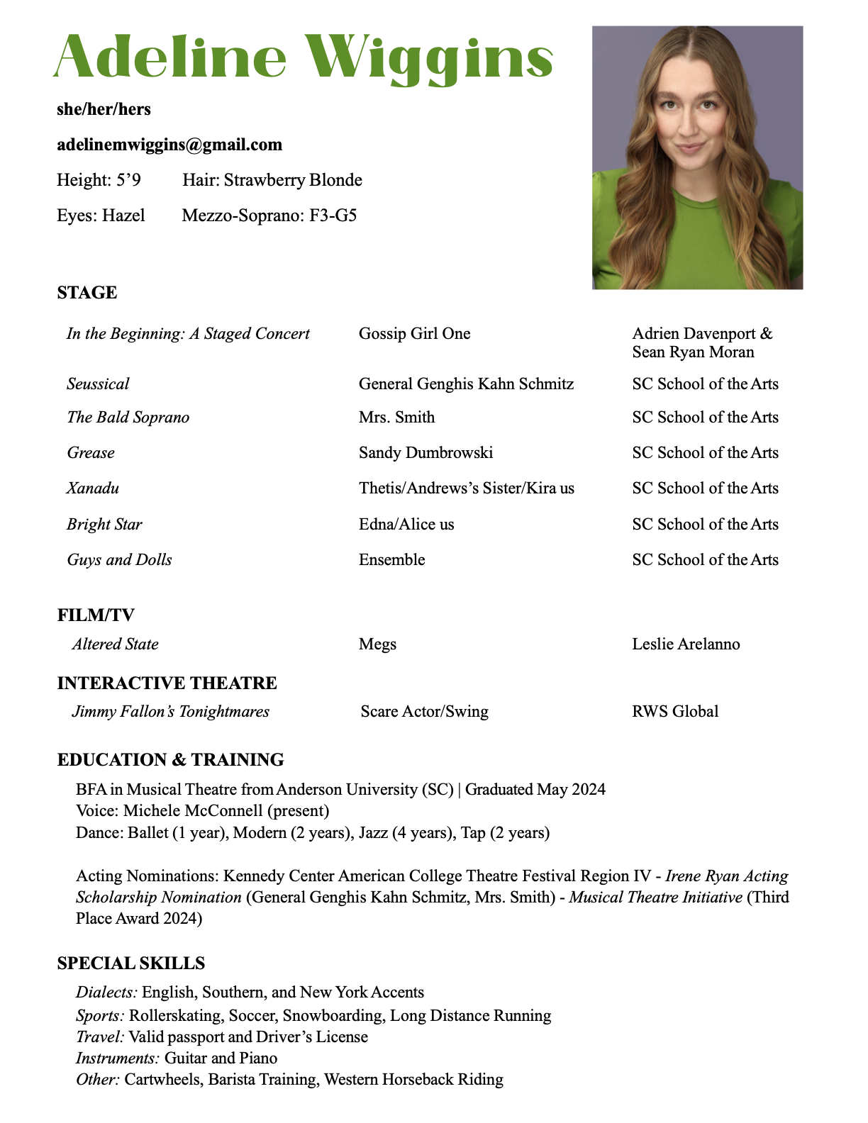 A digital résumé for Adeline Wiggins featuring her contact information, physical description, and a professional photo. The résumé lists her stage roles, film and TV projects, theater experience, education, training, and special skills.