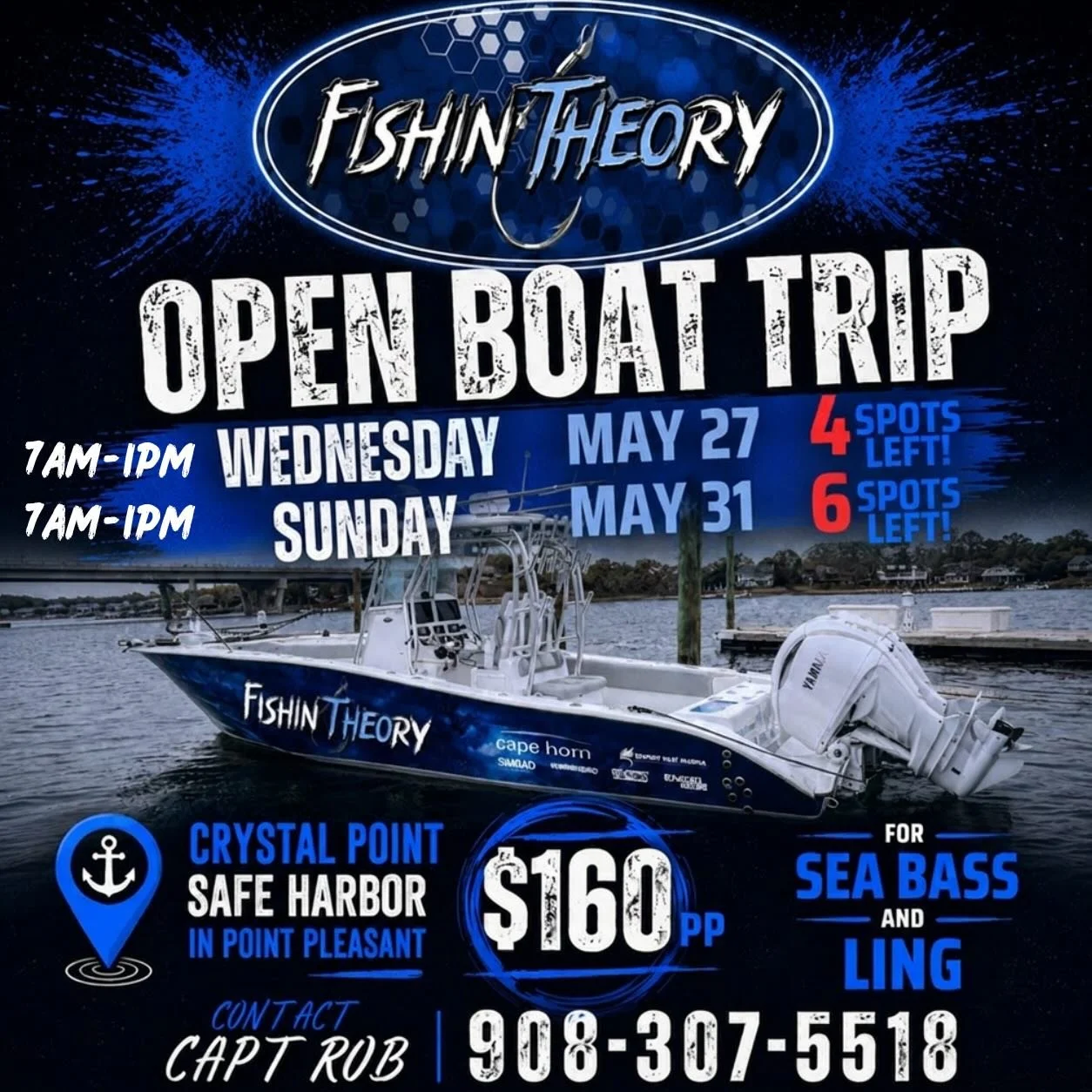 📅 Wednesday May 27 &mdash; ONLY 4 SPOTS LEFT
📅 Sunday May 31 &mdash; ONLY 6 SPOTS LEFT

💥 $160pp
📍 Crystal Point Safe Harbor &ndash; Point Pleasant
🎣 Targeting SEA BASS &amp; LING

📞 Call/Text Capt Rob: 908-307-5518
💻 www.FishinTHEOry.com

#NJ