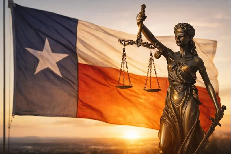 Statue of Lady Justice holding scales and a sword, with the Texas flag waving in the background during sunset.