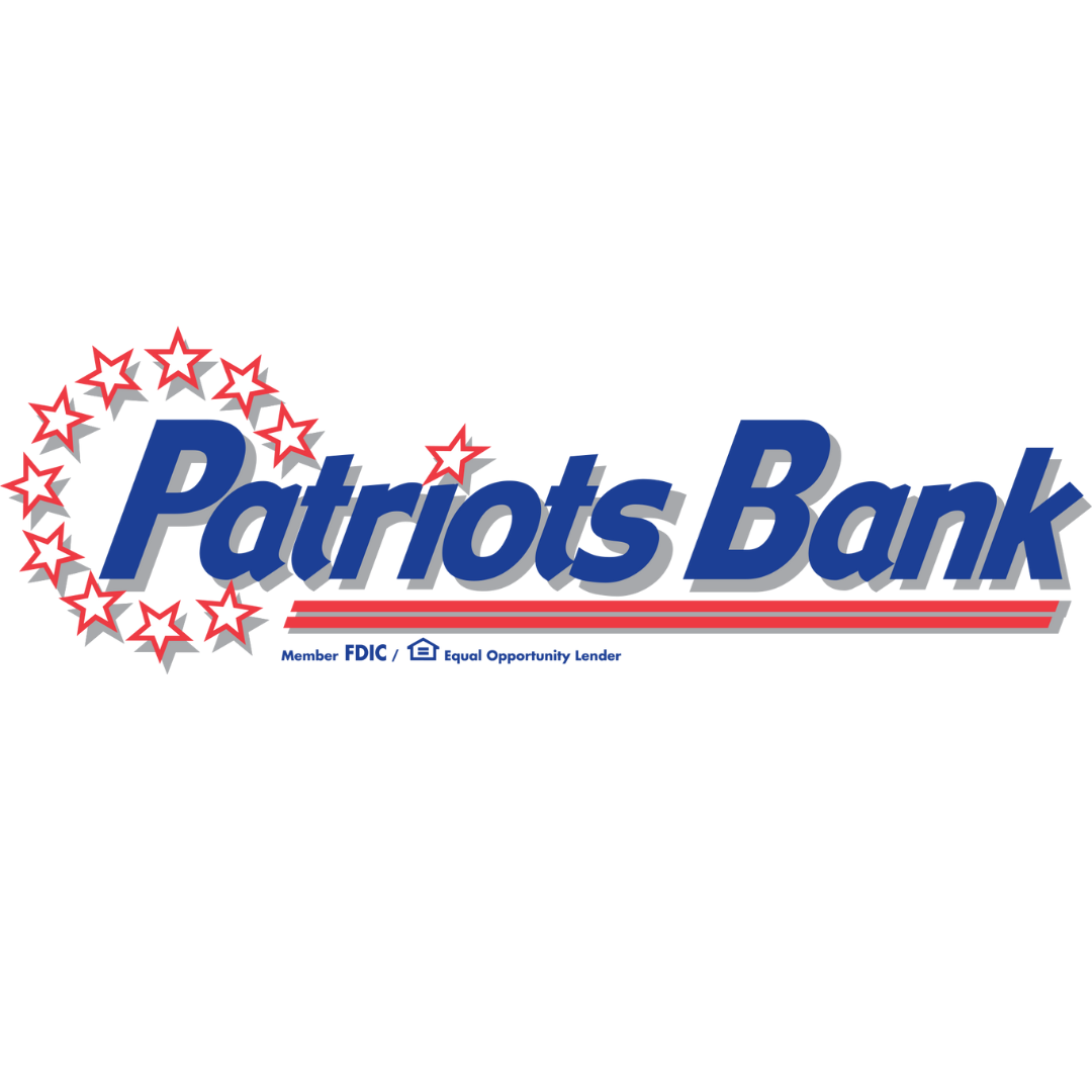 Logo of Patriots Bank with blue text, red and white stars arranged in a circle, and red, white, and blue horizontal lines.