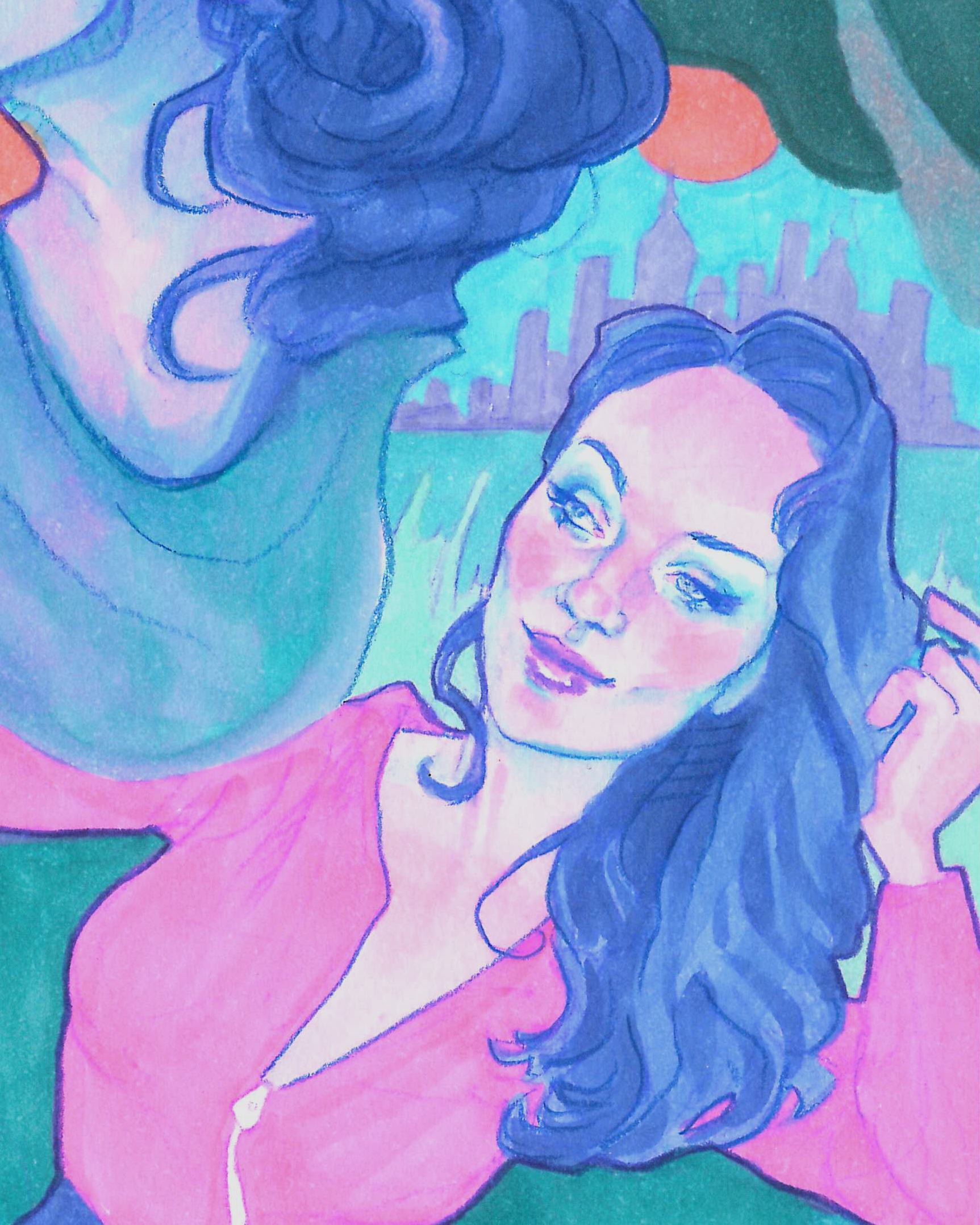 A colorful illustration of a woman with long dark hair and makeup, looking at a person with curly hair, city skyline in the background, wearing a pink top.