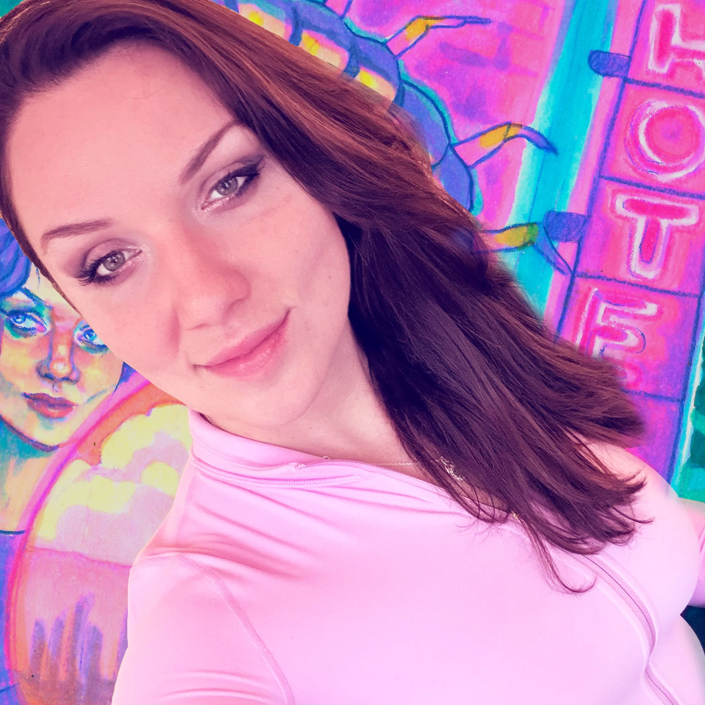 A young woman with long, dark auburn hair and light makeup, smiling softly in front of a colorful, artistic background featuring a portrait of a woman, a rainbow, and the word 'LOVE' in bright, neon letters. She is wearing a light pink athletic top.