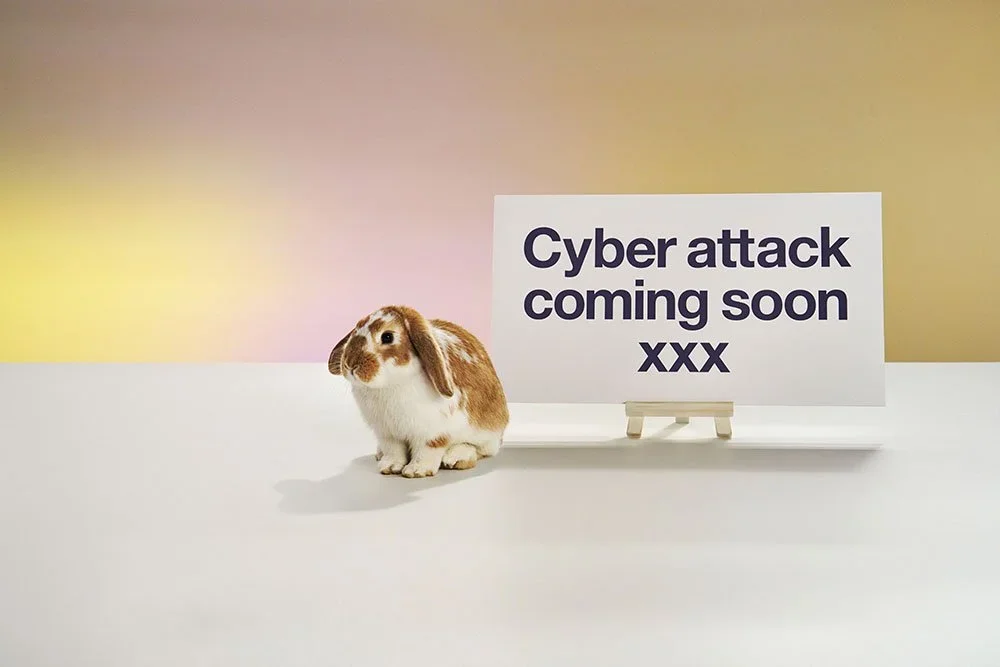 David Boni animal advertising photography — bunny rabbit with Cyber Attack Coming Soon campaign graphic for British Telecom (BT)