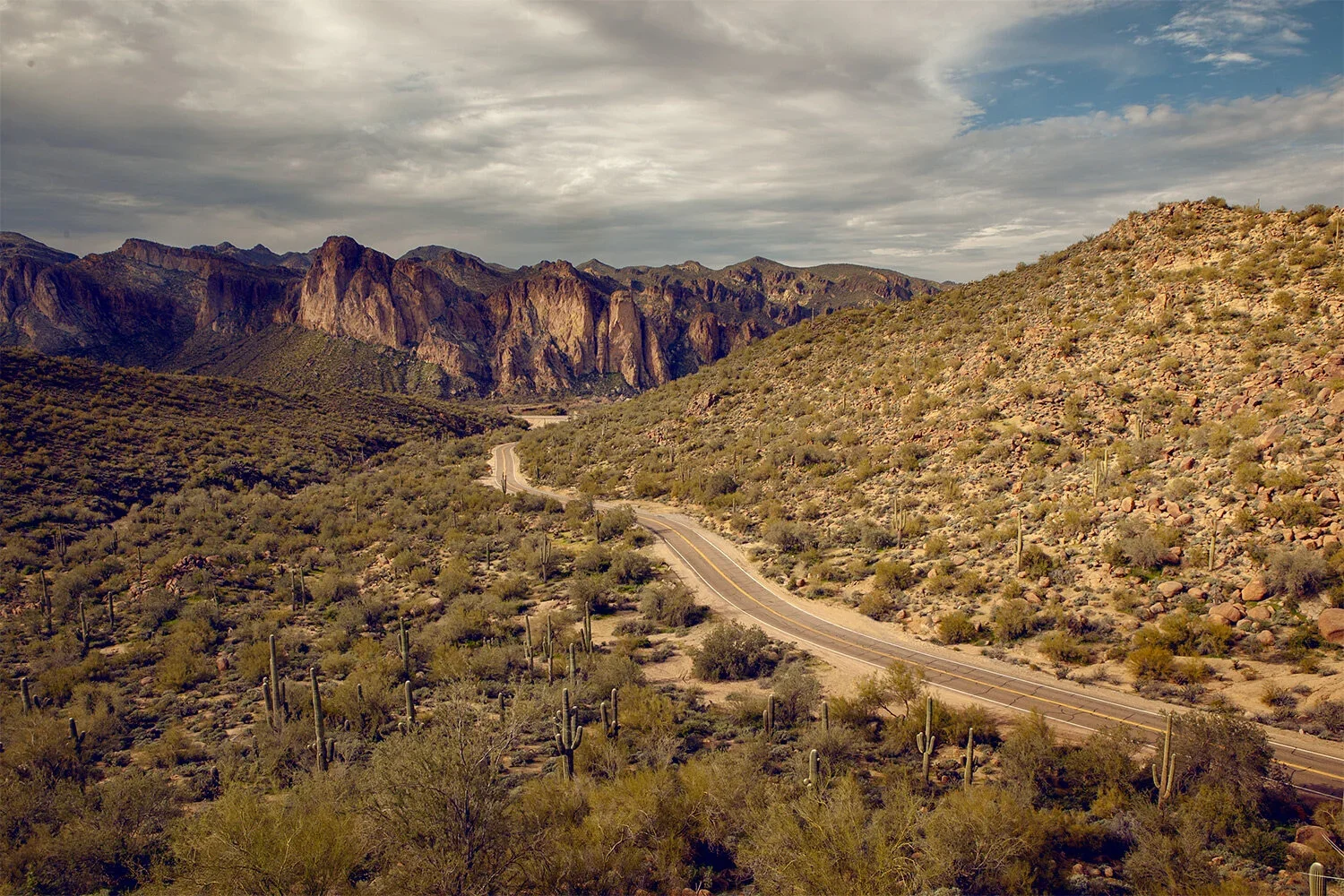 A winding desert road running through a rocky and arid landscape with sparse cactus and shrubbery, with mountains in the distance under a cloudy sky.