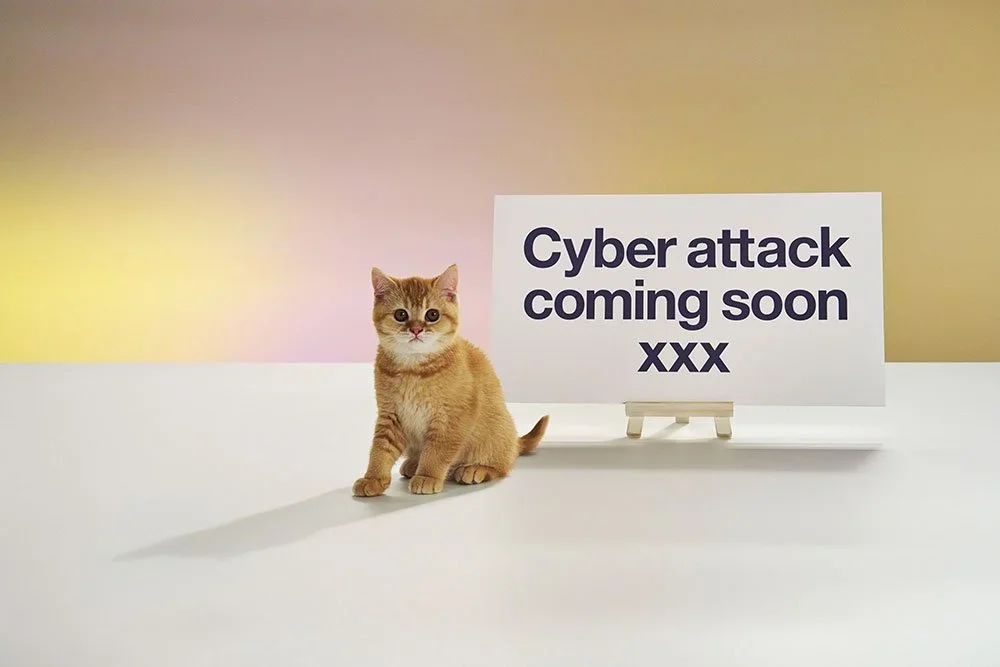 A small orange kitten sitting on a white surface next to a sign that reads "Cyber attack coming soon XXX" with a colorful, blurred background.