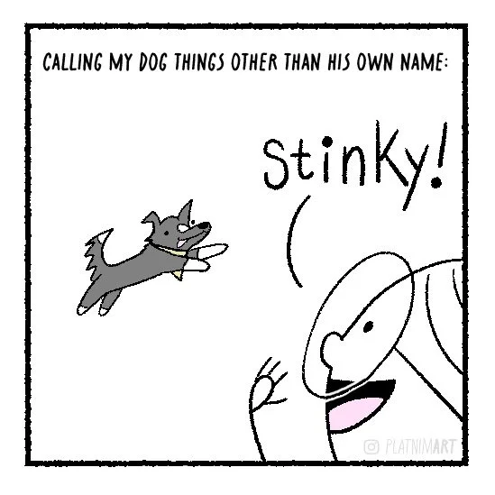 Stinky is probably his favorite one, mostly because I say it in a baby voice.
.
.
.
[ Dog | Comic | Funny | Webcomic | Lea | Artist | Digital Art | Jake ]
#comic #nicknames #funny #dog #digitalart