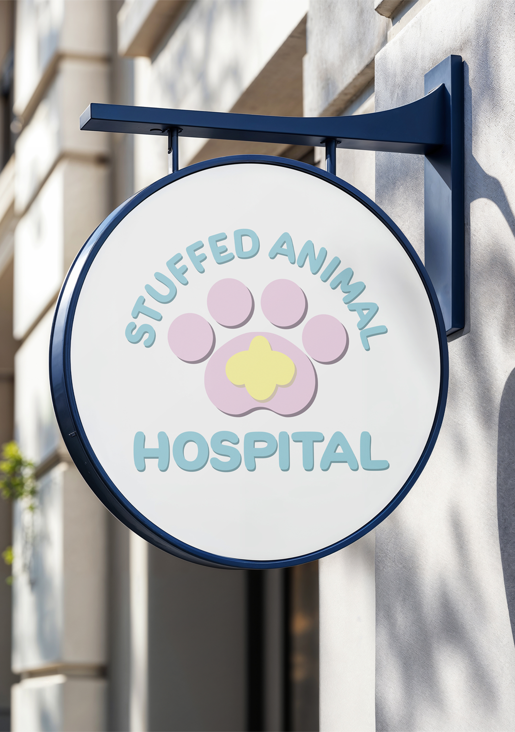Front sign of the Stuffed Animal Hospital business, featuring their logo.