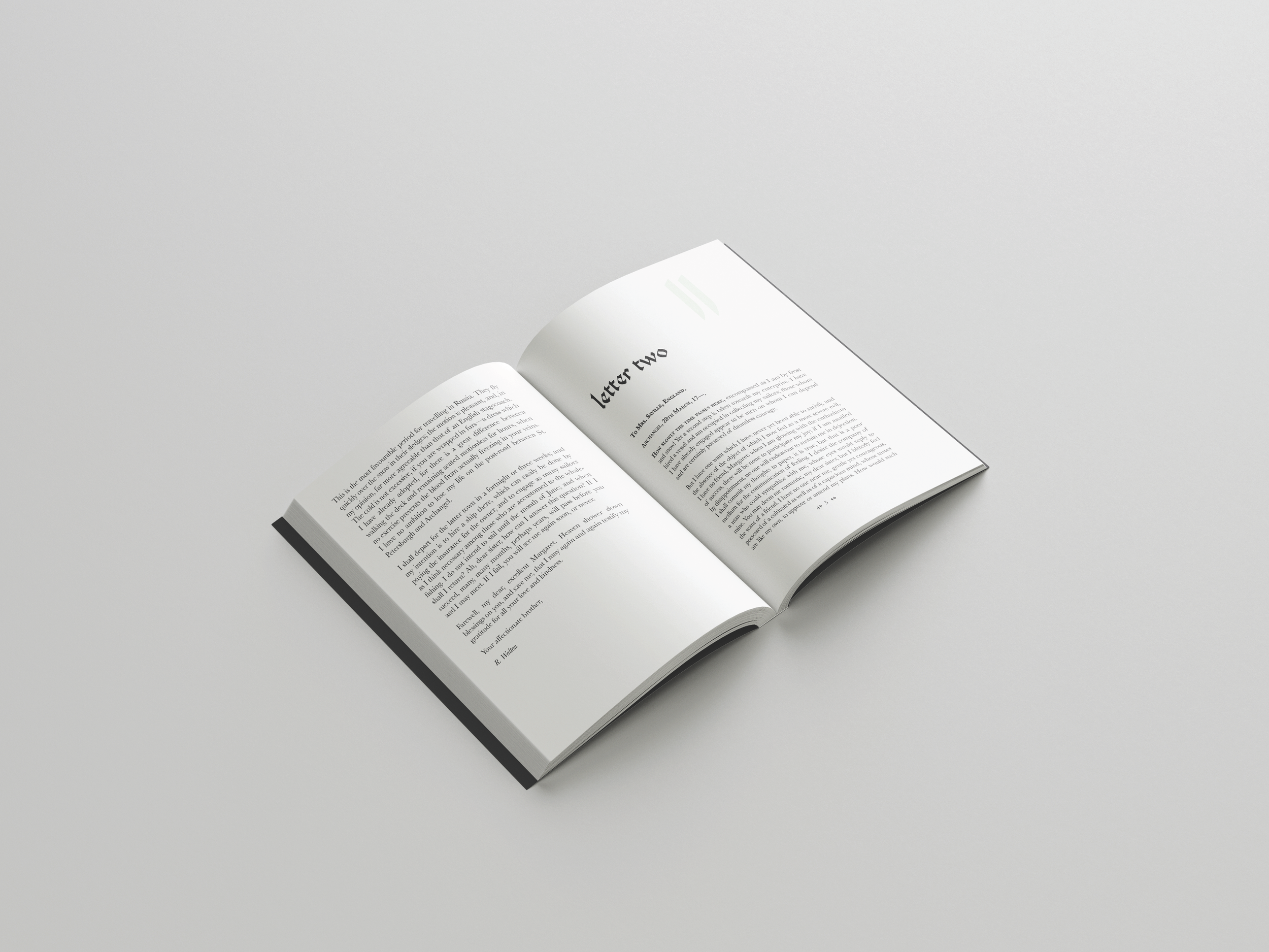 Open spread of Letter 2 of the Frankenstein novel redesign.